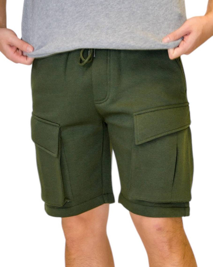 Olive fleece cargo shorts by Royal Blue® Apparel, perfect for outdoor activities with practical pockets
