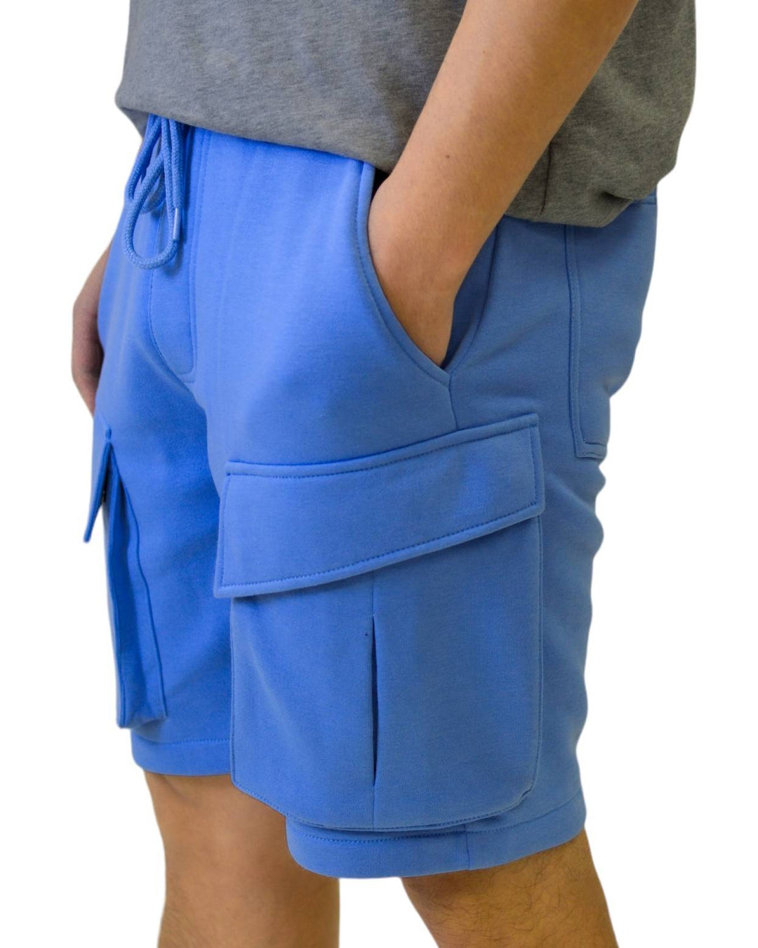 Sky blue fleece cargo shorts by Royal Blue® Apparel, featuring soft material and multiple pockets