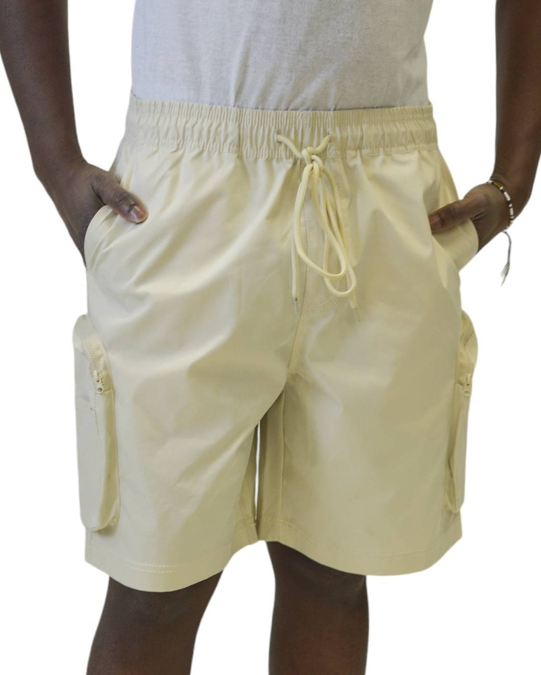 Bone-colored nylon active cargo shorts by Royal Blue® Apparel, durable design with multiple zippered pockets