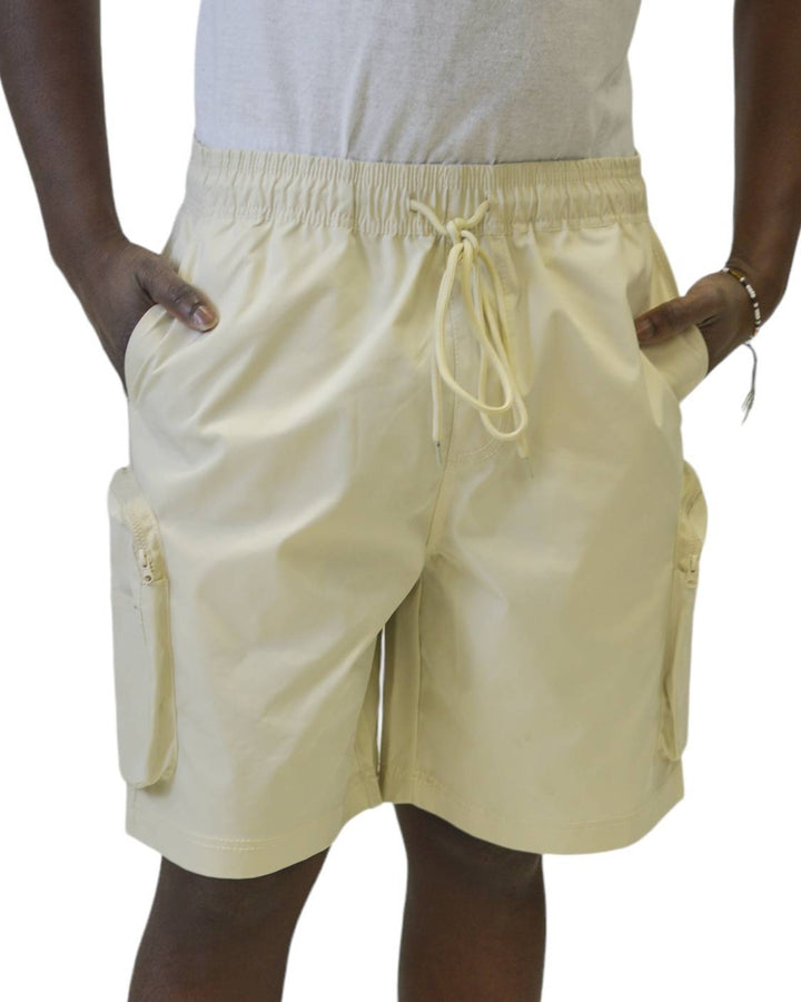 Bone-colored nylon active cargo shorts by Royal Blue® Apparel, durable design with multiple zippered pockets