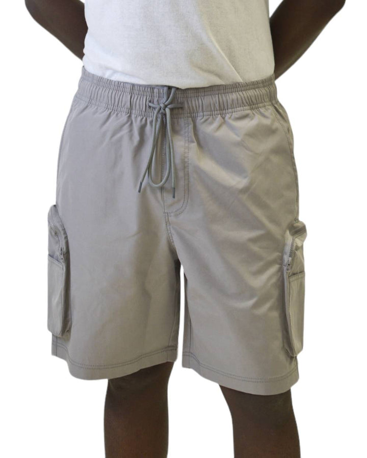 Gray nylon active cargo shorts by Royal Blue® Apparel, durable design with multiple zippered pockets