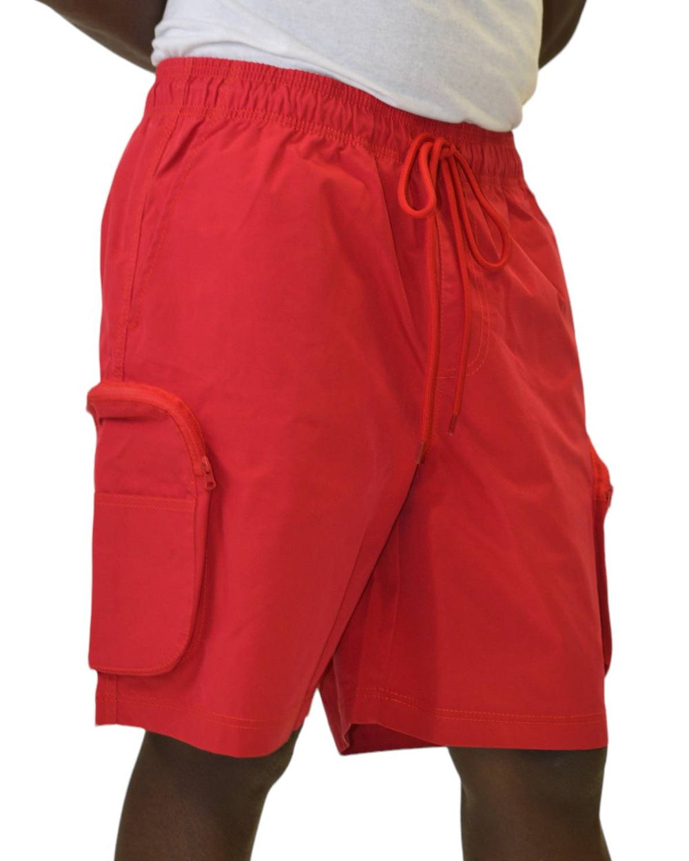 Red nylon active cargo shorts by Royal Blue® Apparel, durable design with multiple zippered pockets