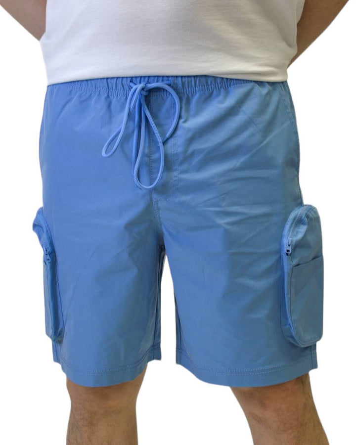 Sky blue nylon active cargo shorts by Royal Blue® Apparel, durable design with multiple zippered pockets