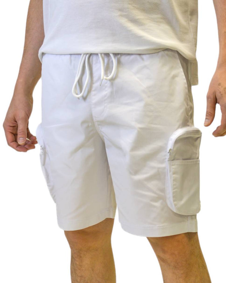 White nylon active cargo shorts by Royal Blue® Apparel, durable design with multiple zippered pockets