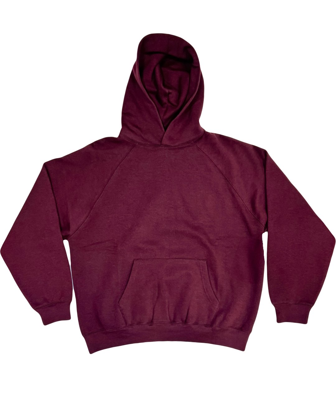 Burgundy raglan sleeve fleece hoodie by Royal Blue® Apparel, relaxed fit with soft fleece fabric