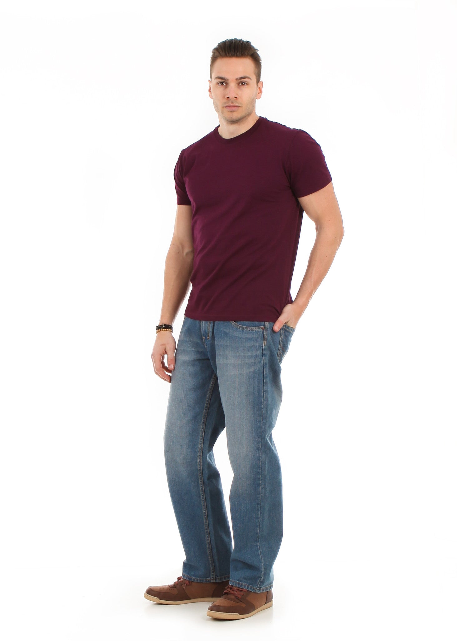 Model Wearing Men's Relaxed Fit Jeans – Casual Streetwear Style with Classic Medium Blue Denim | Royal Blue® Apparel