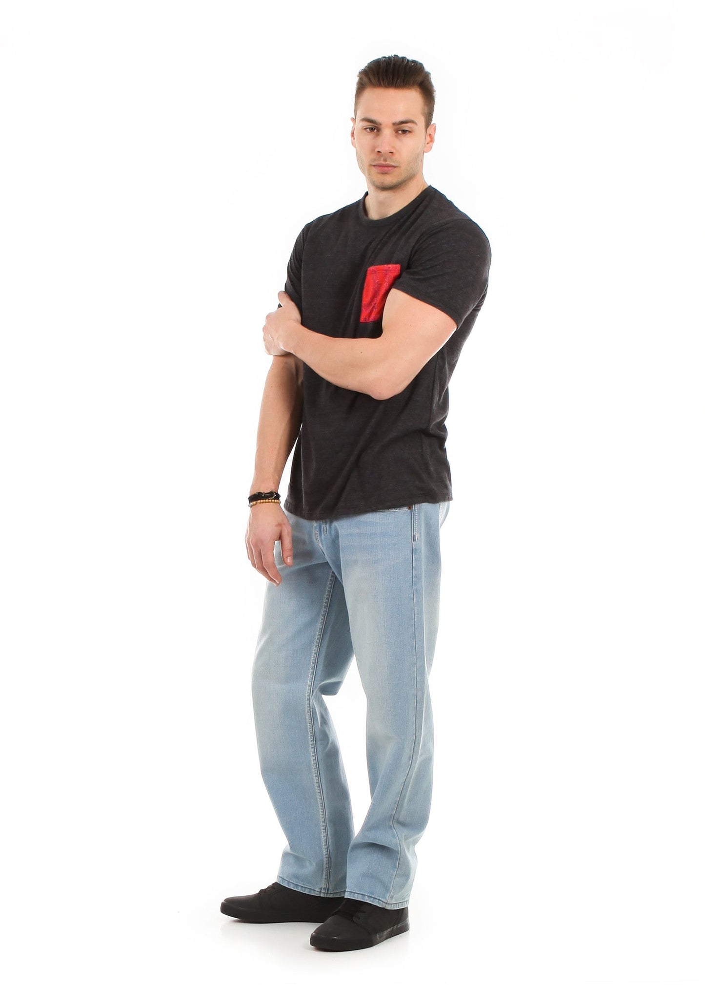 Model Wearing Men's Relaxed Fit Jeans – Casual Streetwear Style with Classic Light Blue Denim | Royal Blue® Apparel