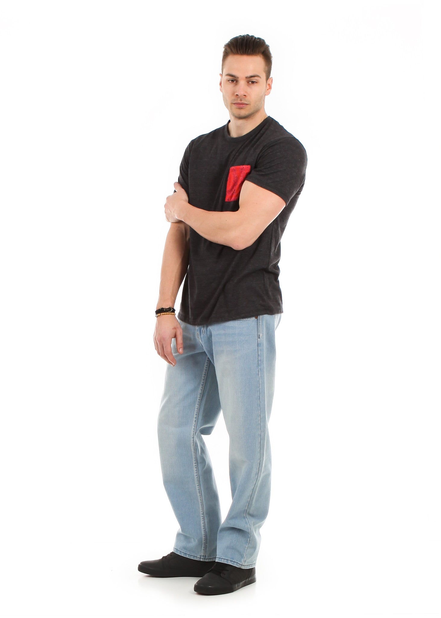 Model Wearing Men's Relaxed Fit Jeans – Casual Streetwear Style with Classic Light Blue Denim | Royal Blue® Apparel