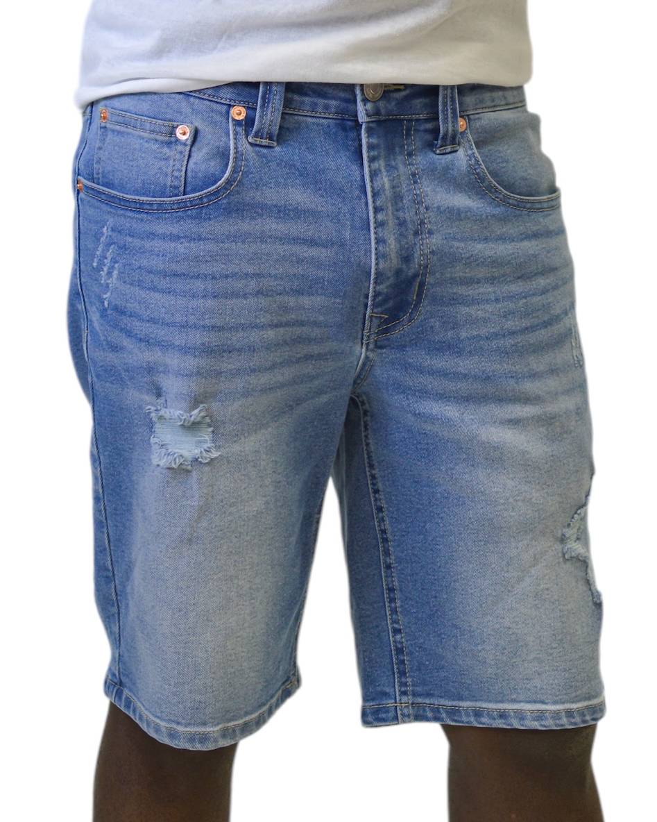 Medium indigo slim fit denim shorts by Royal Blue® Apparel, featuring subtle rips for a modern look