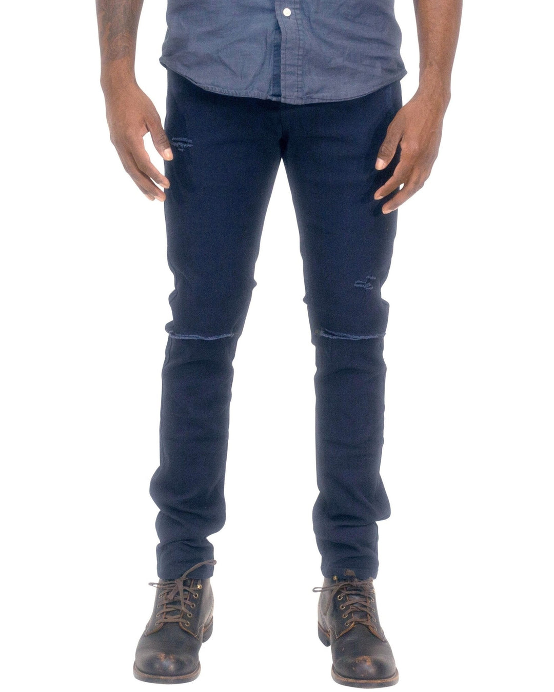 Twill Stretch Skinny Pants w/ Rips & Abrasions - Royal Blue® Apparel