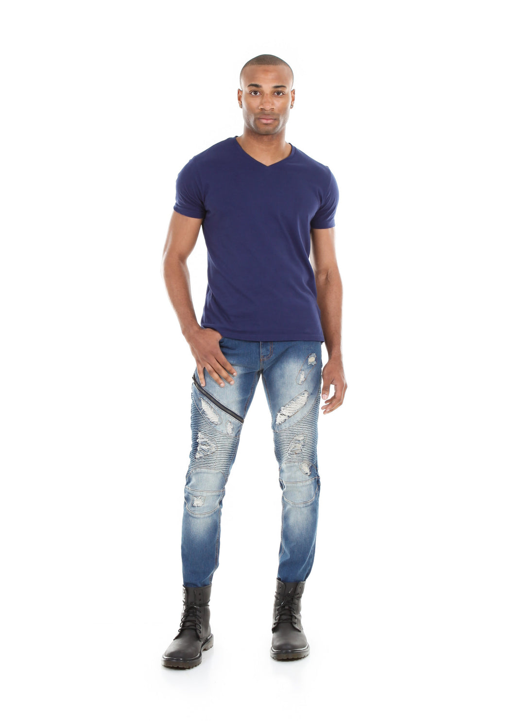 89077SK Medium Indigo, Men's Skinny Fit Moto Denim Jeans