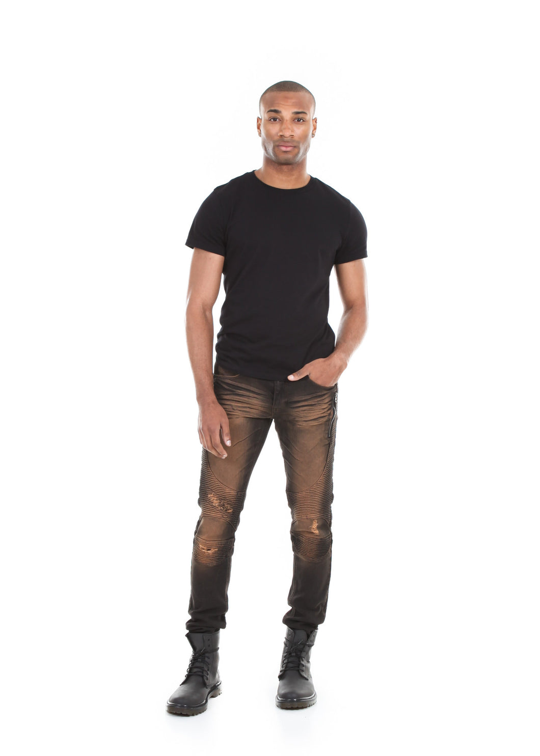 89078SK Brown, Men's Slim Fit Moto Denim Jeans