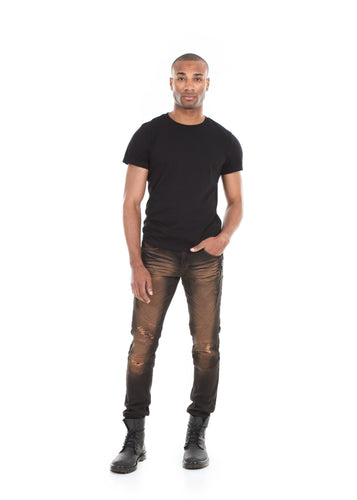 89078SK Brown, Men's Skinny Fit Moto Denim Jeans