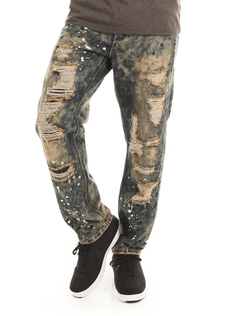 D7PT1074 Smokey Wash, Men's Galaxy Print Distressed Denim